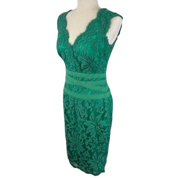 Tadashi Shoji Emerald Green Lace Sleeveless V-Neck Cocktail‎ Party Dress Size 4 - Picture 2 of 6